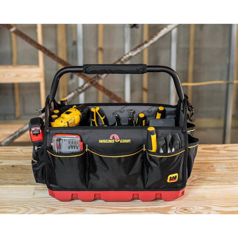 MagnoGrip RED Base Series 18 in. 20-Pocket Tool Tote Bag, 8 Loops, Comfort Grip Steel Handle, Adjustable Padded Shoulder Strap - 526-330