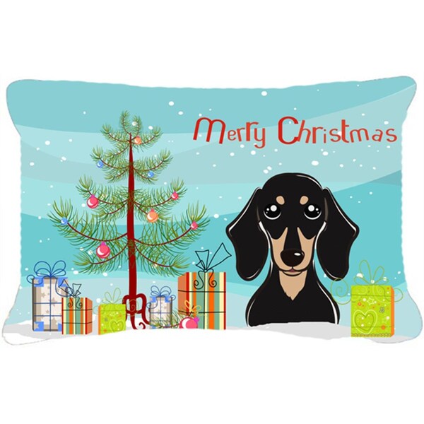 Carolines Treasures Christmas Tree & Smooth Black & Tan Dachshund Fabric Decorative Pillow - CA78503