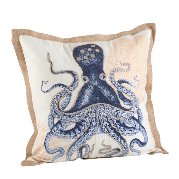 Rlm Distribution SARO  20 in. Square Octopus Print Cotton Down Filled Throw Pillow  Navy Blue - HO2657555