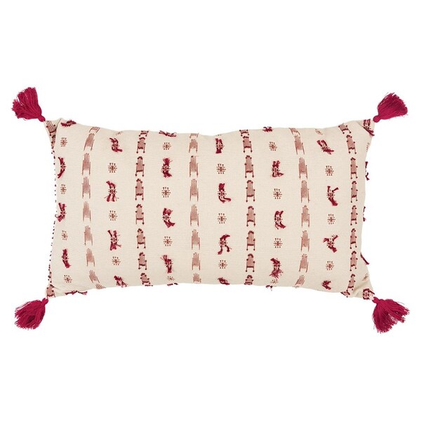 Homeroots Red & Beige Tribal Inspired Tasseled Lumbar Pillow Natural - 403390