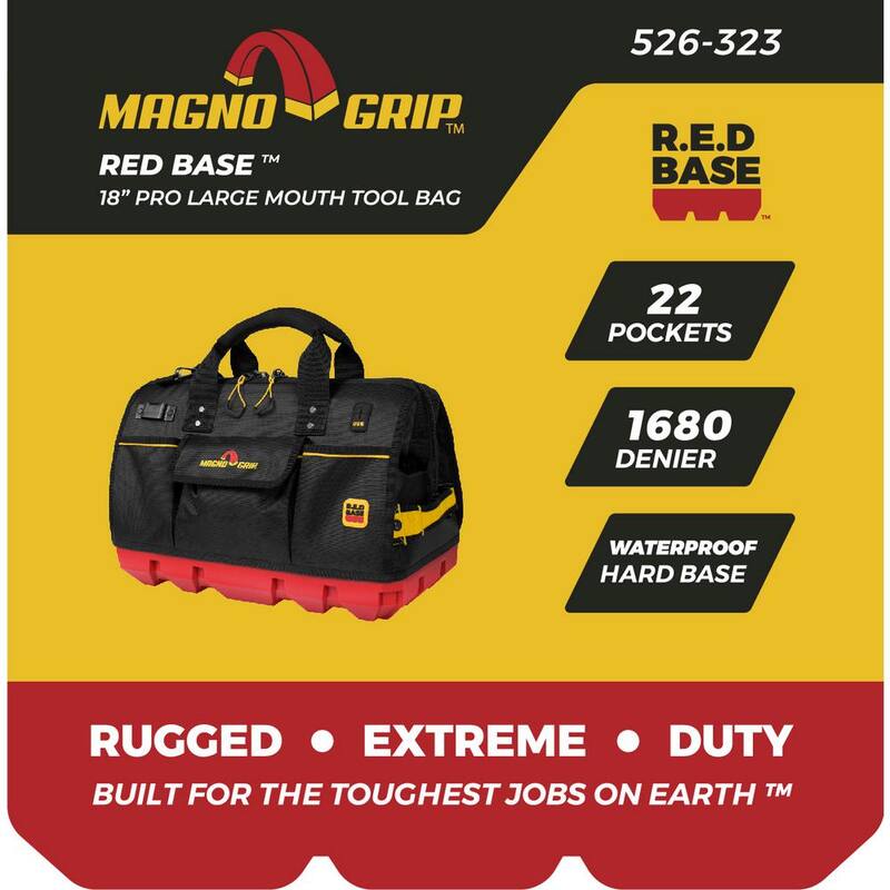 MagnoGrip RED Base Series 18 in. 22-Pocket Large Mouth Tool Bag, 8 Loops, Comfort Grip Handles, Adjustable Padded Shoulder Strap - 526-323