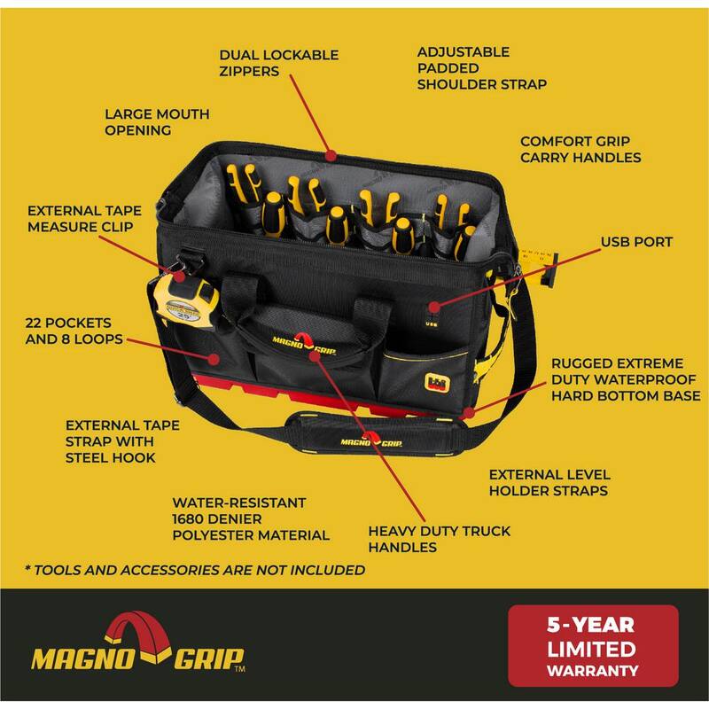 MagnoGrip RED Base Series 18 in. 22-Pocket Large Mouth Tool Bag, 8 Loops, Comfort Grip Handles, Adjustable Padded Shoulder Strap - 526-323