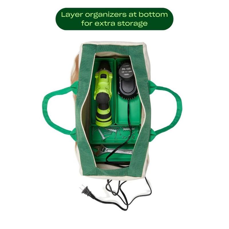 Character 14 in. 9 Pocket Green Canvas Tool Bag with 4 Green Storage Organizers - K-CHA-STG-BAG-GR-ORG