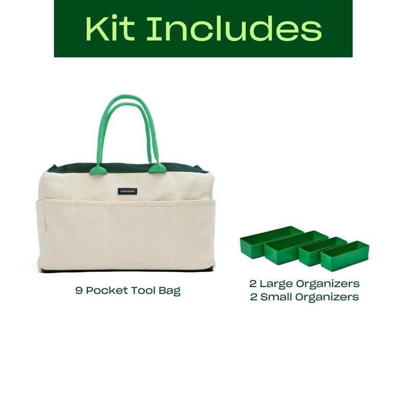 Character 14 in. 9 Pocket Green Canvas Tool Bag with 4 Green Storage Organizers - K-CHA-STG-BAG-GR-ORG