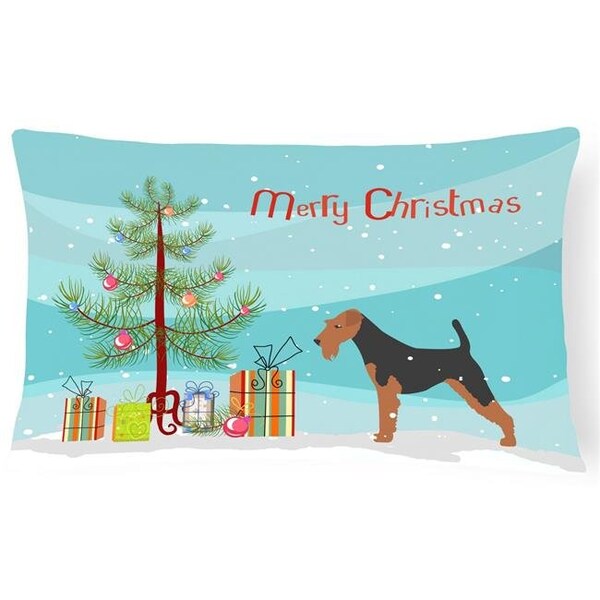 Carolines Treasures Carolines Treasures BB2975PW1216 Airedale Terrier Merry Christmas Tree Canvas Fabric Decorative Pillow - BB2975PW1216