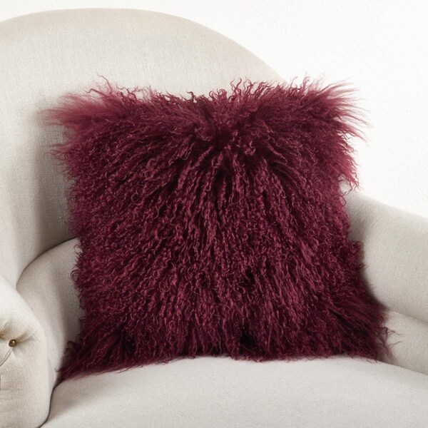 Rlm Distribution SARO  16 in. Square Wool Mongolian Lamb Fur Throw Pillow  Eggplant - HO3765450