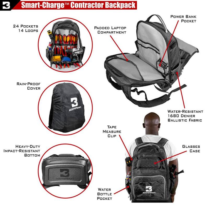 BOOTSTRAPT 15 in. Contractor's Backpack with Integrated Power Bank Compartment and Waterproof Rain Cover - 006-550