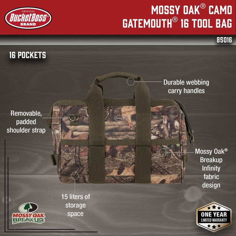 BUCKET BOSS Mossy Oak Breakup Camo Gatemouth 16 in. Tool Bag with 16 Pockets - 85016
