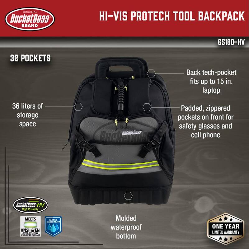 BUCKET BOSS 14 in. Heavy Duty High Visibility Protech 32-Pocket Tool Bag Backpack - 65180-HV