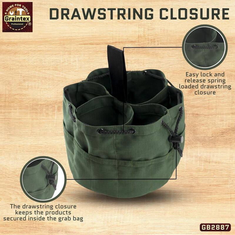 Graintex 10 in. 18-Pockets Grab Tool Bag with Drawstring Closure in Hunter Green Canvas - GB2887