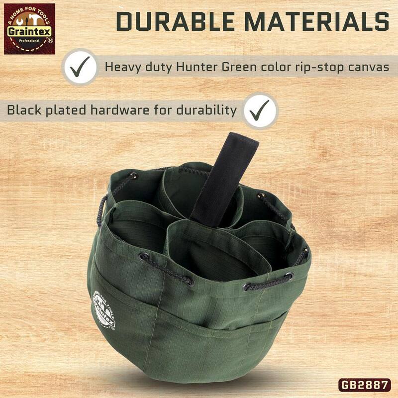 Graintex 10 in. 18-Pockets Grab Tool Bag with Drawstring Closure in Hunter Green Canvas - GB2887