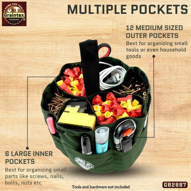 Graintex 10 in. 18-Pockets Grab Tool Bag with Drawstring Closure in Hunter Green Canvas - GB2887