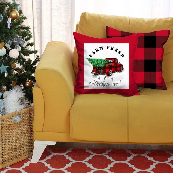 Homeroots 18 x 18 in. Red Plaid & Red Truck Throw Pillow Covers - Multicolor, 2PK - 400924