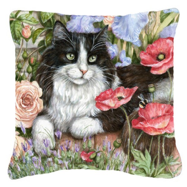 Jensendistributionservices Black & White Cat in Poppies Canvas Decorative Pillow - MI2557453