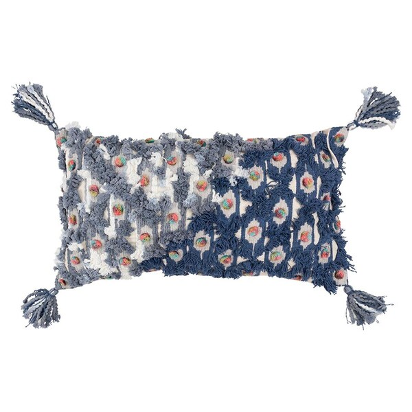 Homeroots Blue & Gray Diagonal Tufted Tassel Lumbar Pillow Multi Color - 403407
