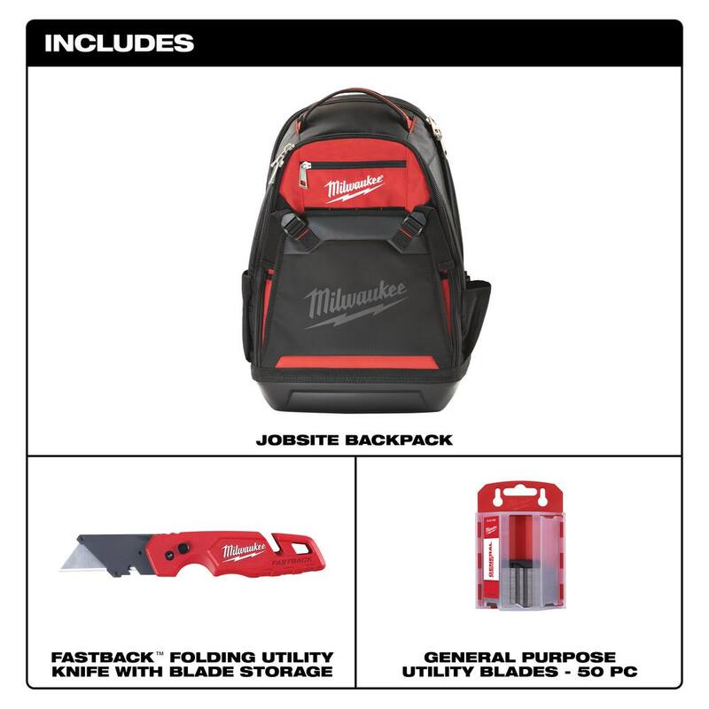 Milwaukee Jobsite Backpack with FASTBACK Folding Utility Knives with Blade Storage and General Purpose Utility Blade Set (50-Pack) - 48-22-8200-48-22-1504