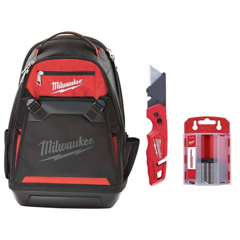 Milwaukee Jobsite Backpack with FASTBACK Folding Utility Knives with Blade Storage and General Purpose Utility Blade Set (50-Pack) - 48-22-8200-48-22-1504