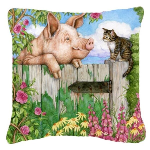 Carolines Treasures Carolines Treasures CDCO0349PW1414 Pig at the Gate with the Cat Canvas Decorative Pillow - CDCO0349PW1414