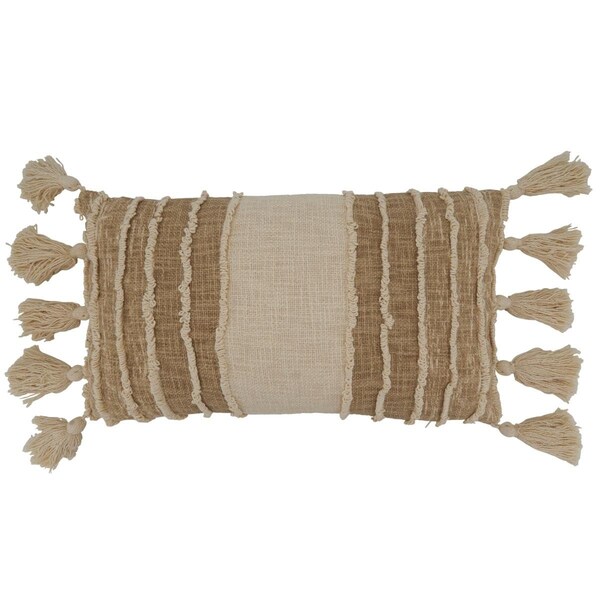 Rlm Distribution 12 x 20 in. Striped Tassel Down Filled Oblong Pillow Ivory - HO3203099
