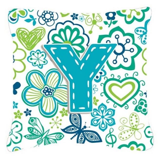 Carolines Treasures Carolines Treasures CJ2006-YPW1414 Letter Y Flowers And Butterflies Teal Blue Canvas Fabric Decorative Pillow - CJ2006-YPW1414