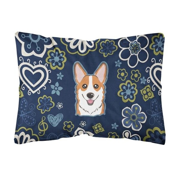 Carolines Treasures Carolines Treasures BB5105PW1216 Blue Flowers Red Corgi Canvas Fabric Decorative Pillow - BB5105PW1216