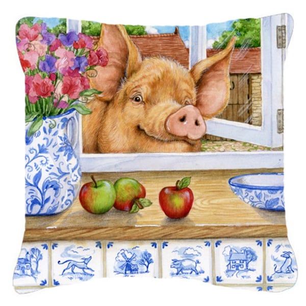 Jensendistributionservices Pig Trying to Reach the Apple in the Window Canvas Decorative Pillow - MI2557478