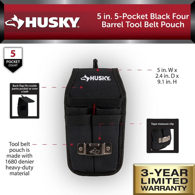 Husky 5 in. 5-Pocket Black Four Barrel Tool Belt Pouch - HD00131-TH