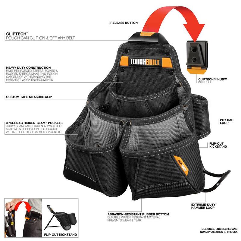 TOUGHBUILT ClipTech Framer's Pouch in Black with robust, 9-pocket construction and heavy duty hammer and pry bar loops - TB-CT-02