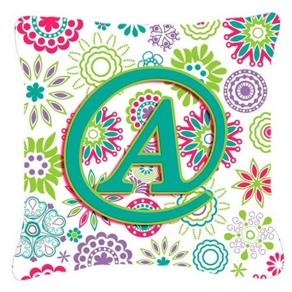 Jensendistributionservices Letter A Flowers Pink Teal Green Initial Canvas Fabric Decorative Pillow - MI2555763