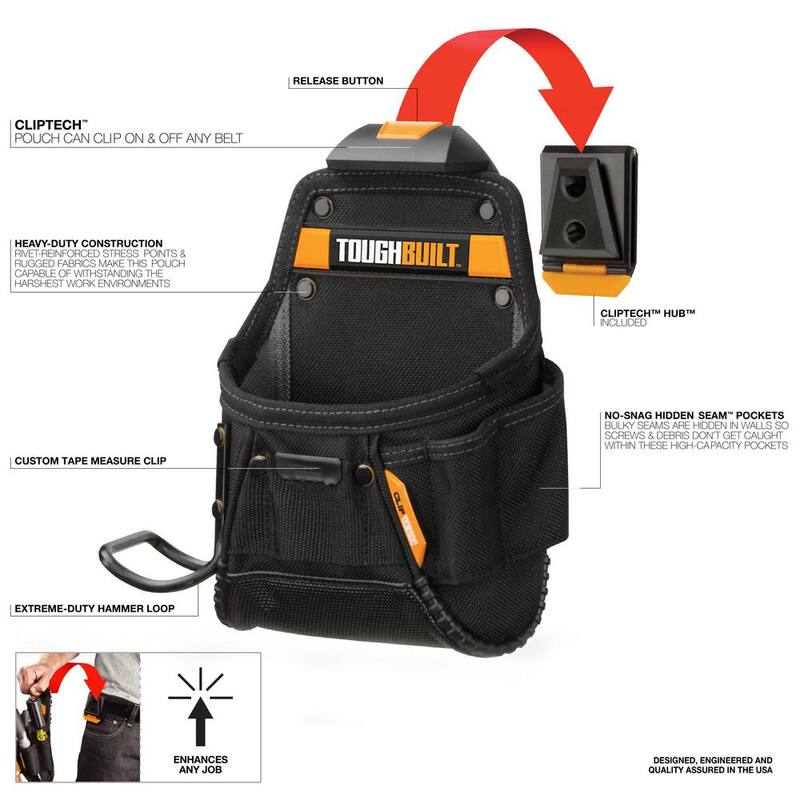 TOUGHBUILT Project Pouch with Hammer Loop, Black with ClipTech and rugged 6-layer rivet-reinforced construction - TB-CT-24
