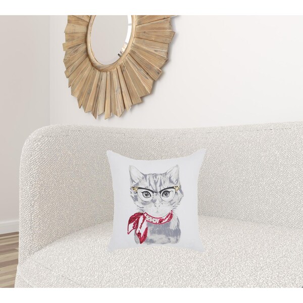 Homeroots 18 x 18 in. White & Red Cool Kitty Throw Pillow - 386614