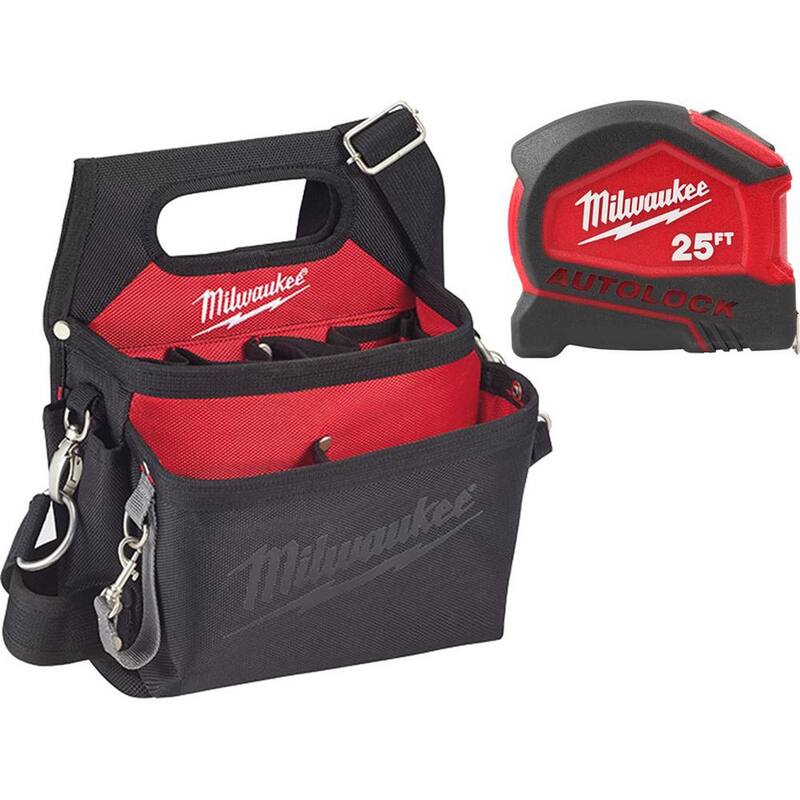 Milwaukee 15-Pocket Electricians Tool Pouch with Quick Adjust Belt and 25 ft. Compact Auto Lock Tape Measure - 48-22-8112-48-22-6825