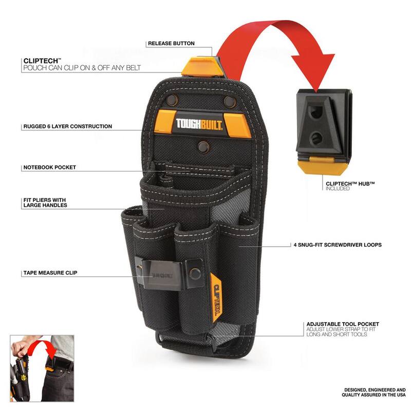 TOUGHBUILT ClipTech 5" Large Technician 6-Pocket Pouch in Black with 8 Pro-grade compartments and adjustable bottom pliers pocket - TB-CT-36-L6