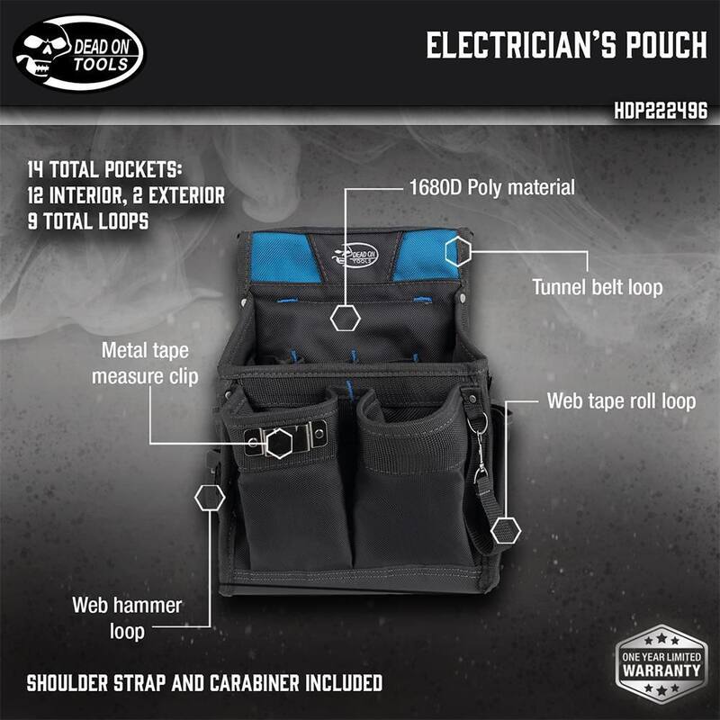 DEAD ON TOOLS 11 in. 14-Pocket Electricians Professional Tool Belt Pouch with Hammer Loop and Tape Measure Holder in Black - HDP222496