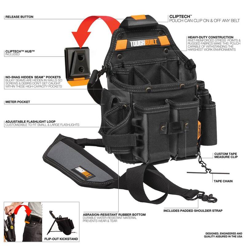 TOUGHBUILT Journeyman Electrician Pouch + Shoulder Strap in Black, with ClipTech Hub, 21-pockets and rugged 6-layer construction - TB-CT-114