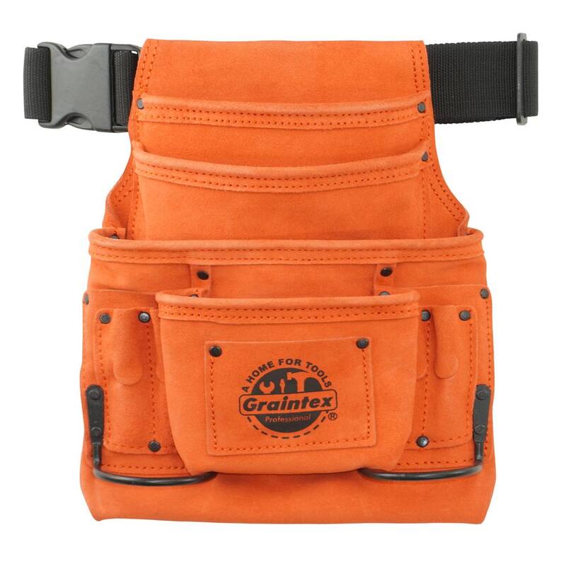 Graintex 10-Pocket Nail and Tool Pouch with Belt Orange Suede Leather w/2 Hammer Holders - SS2523