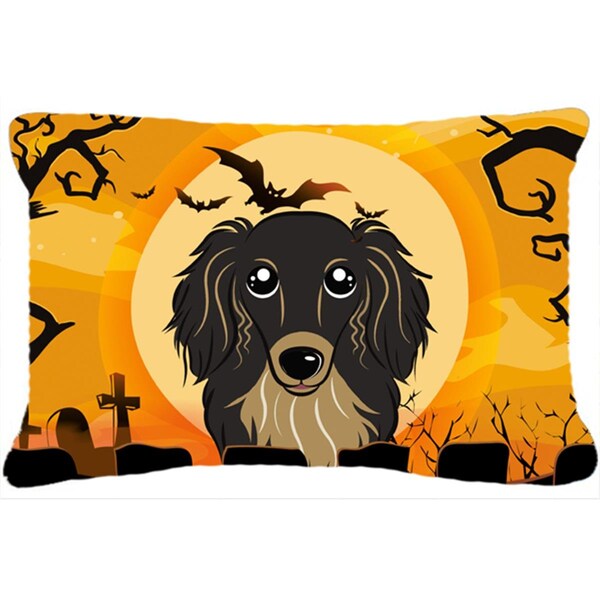 Carolines Treasures Halloween Longhair Black And Tan Dachshund Fabric Decorative Pillow - BB1771PW1216