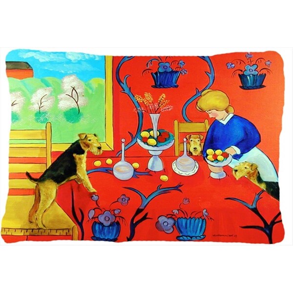 Jensendistributionservices Airedale Terrier with lady in the kitchen Indoor & Outdoor Decorative Fabric Pillow - 12 x 16 in. - MI2549890