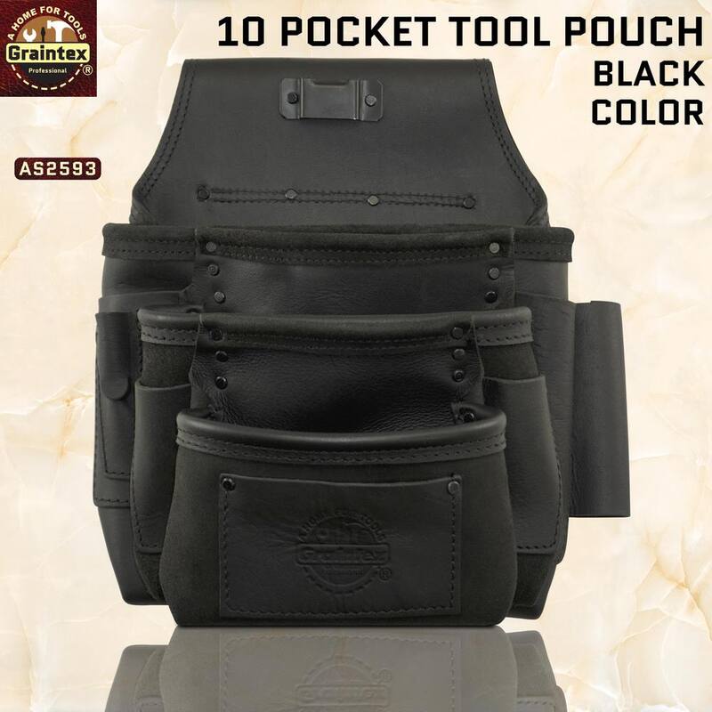 Graintex 10-Pocket Black Ambassador Series Top Grain Leather Nail and Tool Pouch - AS2593