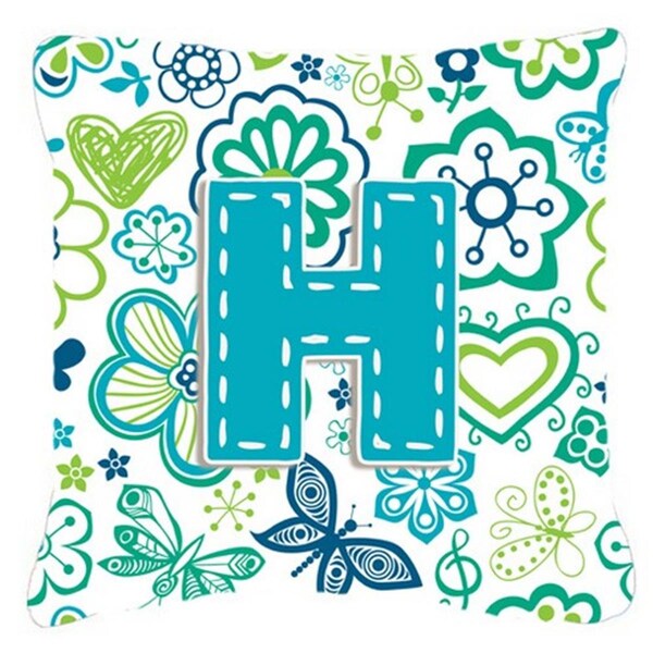 Jensendistributionservices Letter H Flowers And Butterflies Teal Blue Canvas Fabric Decorative Pillow - MI2555782