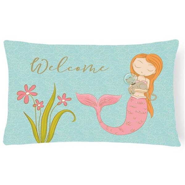 Carolines Treasures Carolines Treasures BB8548PW1216 Mermaid with Cat Welcome Canvas Fabric Decorative Pillow - BB8548PW1216