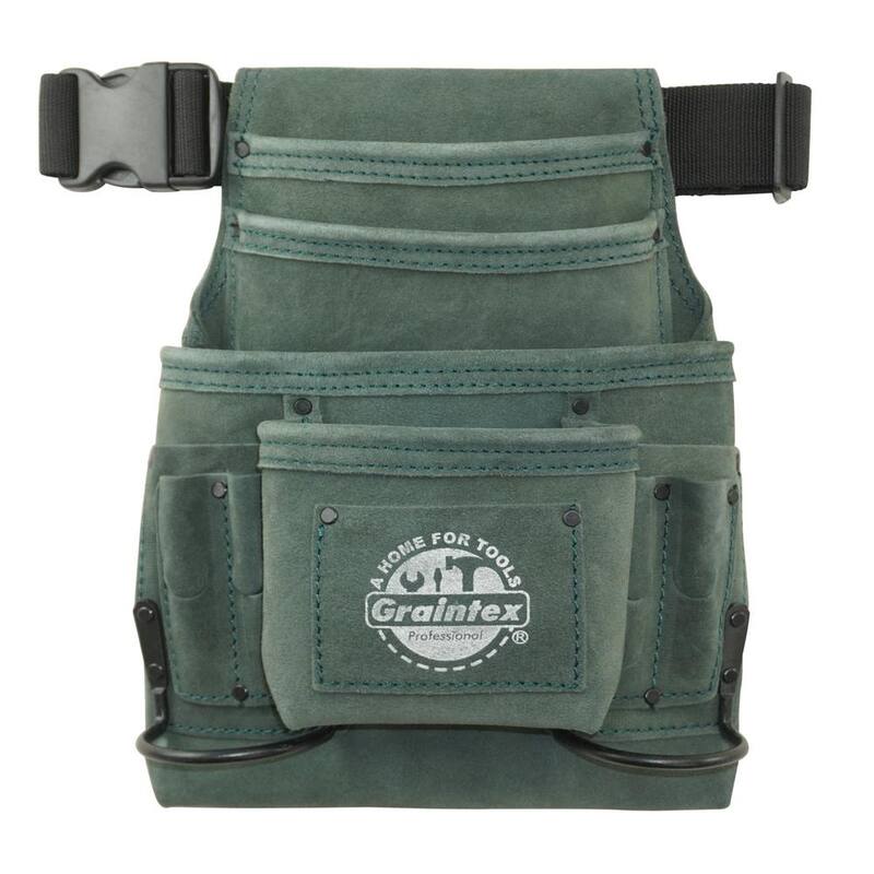 Graintex 10-Pocket Nail and Tool Pouch with Belt Hunter Green Suede Leather w/2 Hammer Holders - SS2450