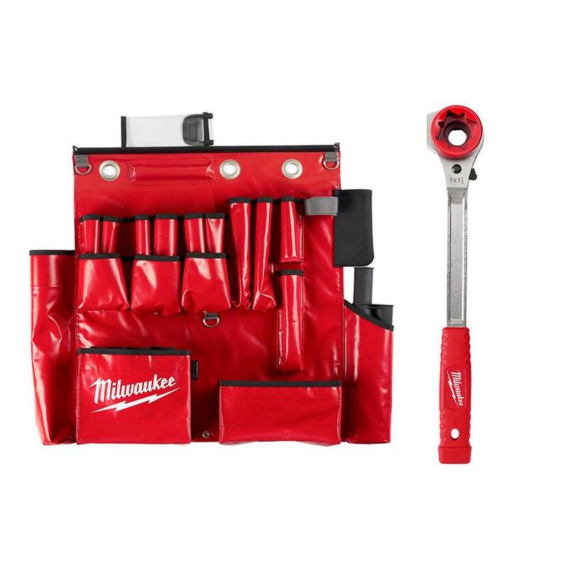 Milwaukee Lineman's Aerial Tool Apron with Lineman's High Leverage Ratcheting Wrench with Smooth Strike Face (2-Piece) - 48-22-8290-48-22-9213