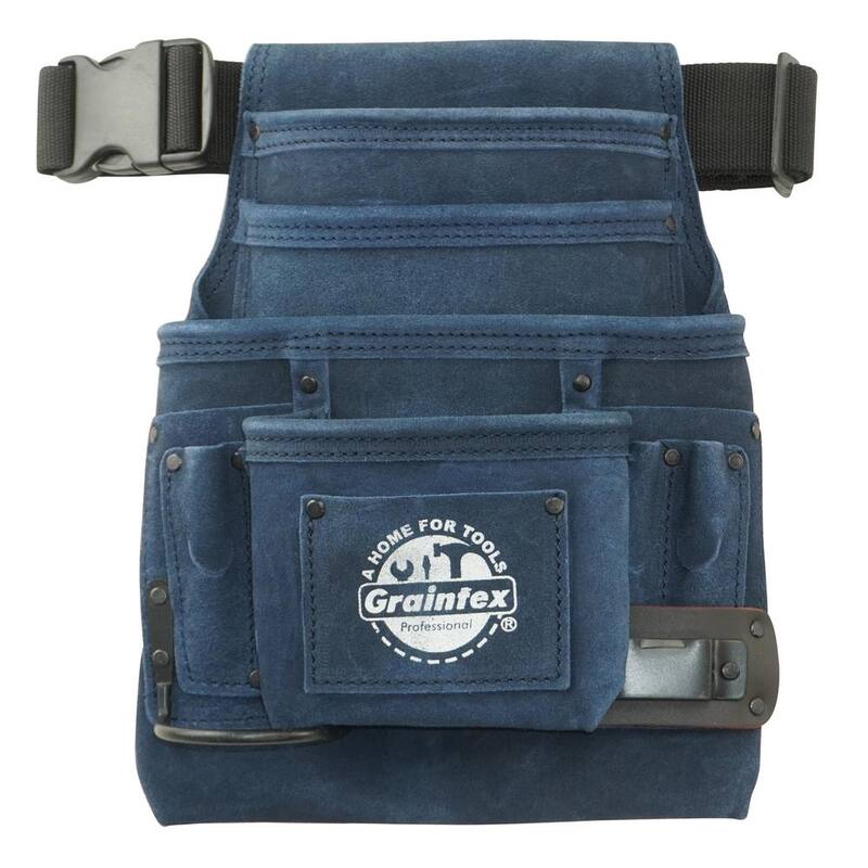 Graintex 10-Pocket Nail and Tool Pouch w/Belt in Navy Blue Suede Leather w/Hammer Holder and Measuring Tape Clip - SS2574