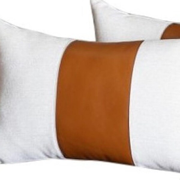 Homeroots White & Brown Faux Leather Lumbar Pillow Cover - 386792