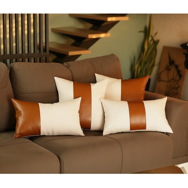 Homeroots White & Brown Faux Leather Lumbar Pillow Cover - 386792