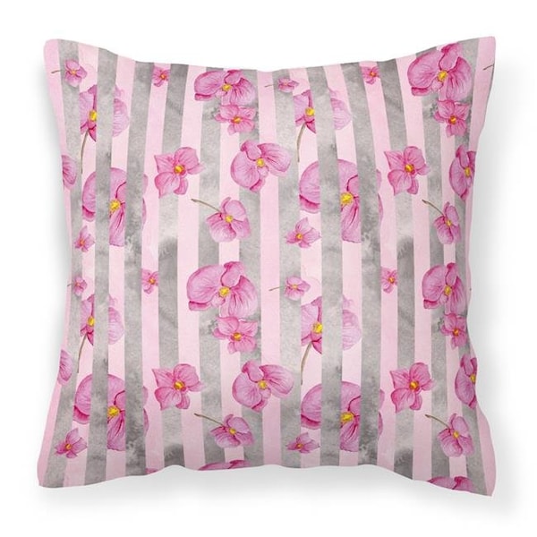 Carolines Treasures Carolines Treasures BB7502PW1414 Watercolor Pink Flowers Grey Stripes Fabric Decorative Pillow; 14 x 14 in. - BB7502PW1414