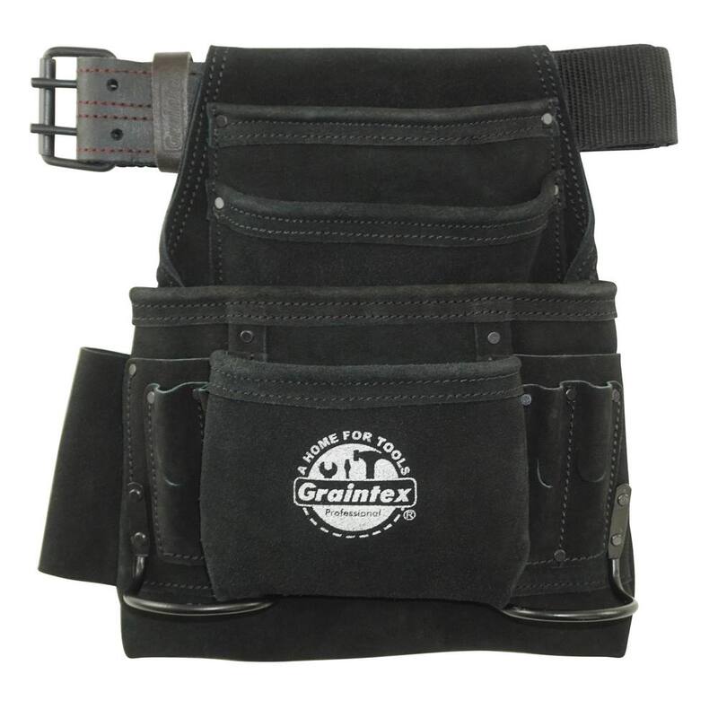 Graintex 10-Pocket Black Leather Suede Nail & Tool Pouch w/2 in. Belt - SS2670