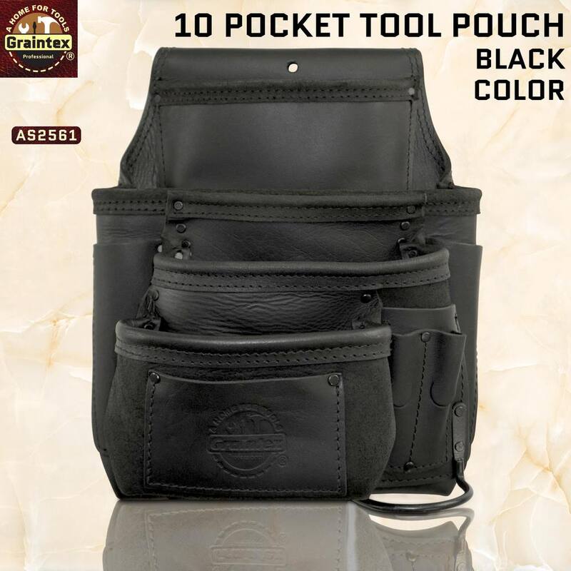Graintex 10-Pocket Left Handed Ambassador Series Black Top Grain Leather Nail and Tool Pouch - AS2561