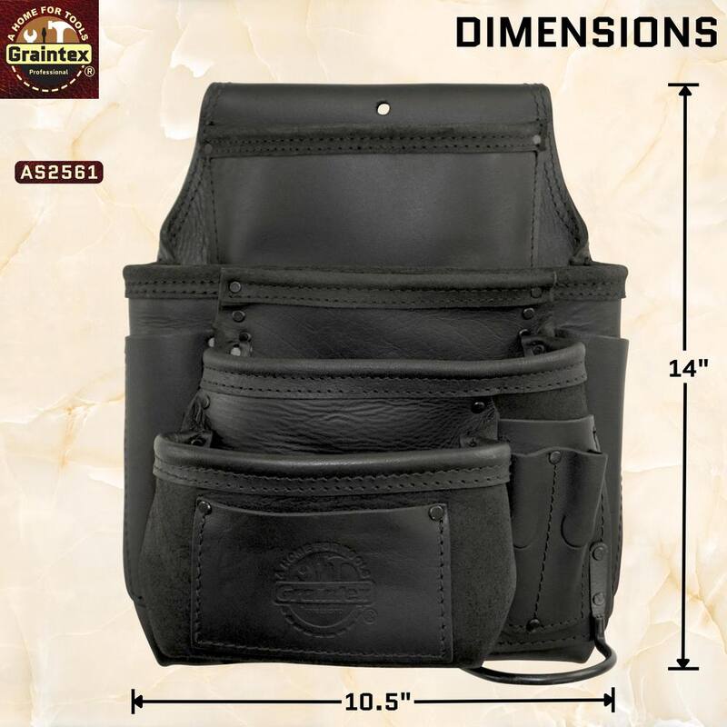 Graintex 10-Pocket Left Handed Ambassador Series Black Top Grain Leather Nail and Tool Pouch - AS2561